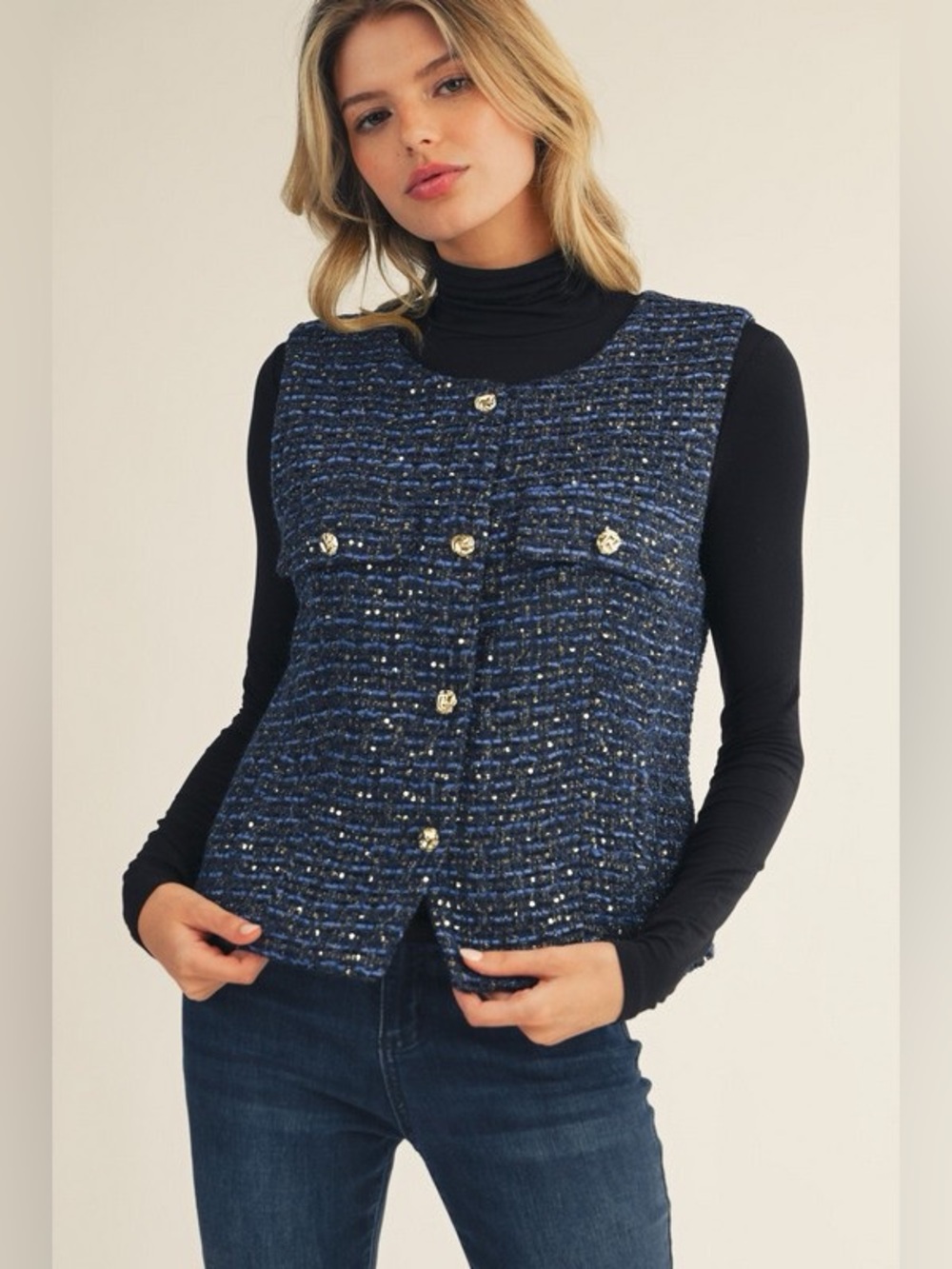 JODIFL Navy Tweed Sequin Vest with Gold-Tone Buttons
